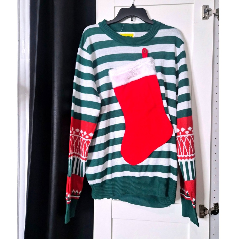 Tipsy Elves Mens XL Green White Striped Ugly Christmas‎ Sweater  XL